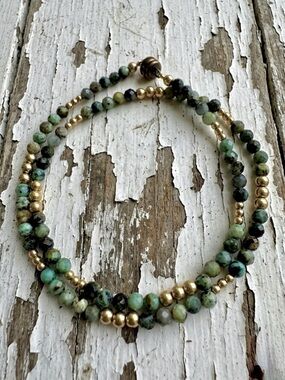 Double Wrap Semi Precious Faceted Turquoise & Gold Filled Beaded Wrap Bracelet